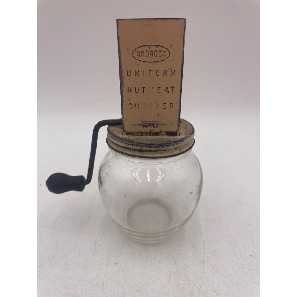 Androck Vintage Uniform Nutmeat Chopper Glass Jar Crank Handle Classic Kitchen T